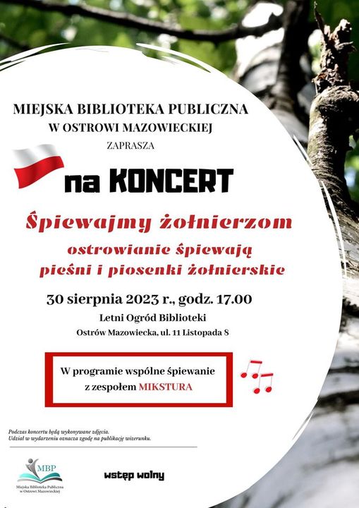 Koncert Śpiewamy żołnierzom 30 sierpnia br. o godz. 17.00 zapraszamy do Ogrodu Biblioteki