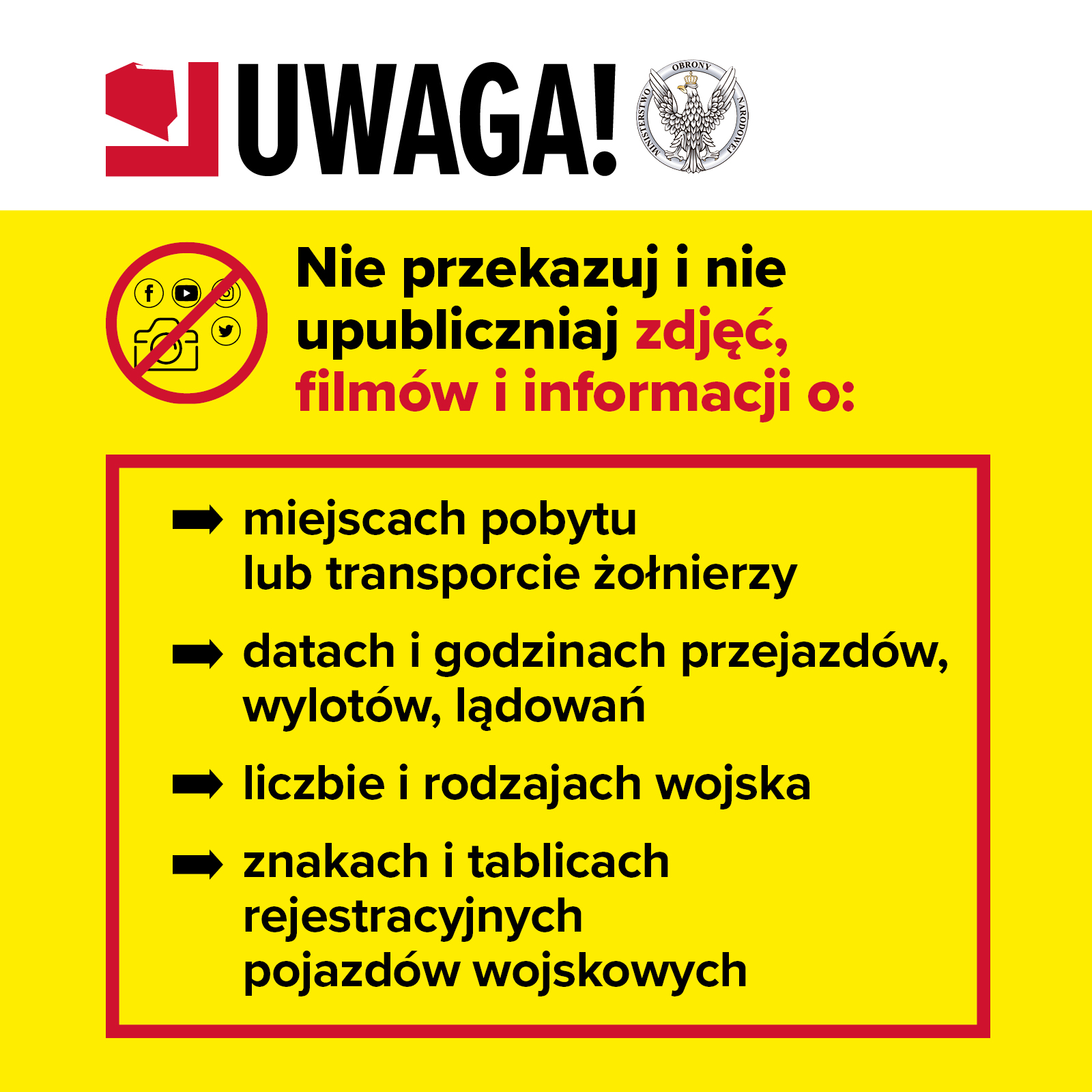 grafika zawiera prośbę o nie publikowanie w sieci informacji i zdjęć o przejeździe kolumn wojskowych