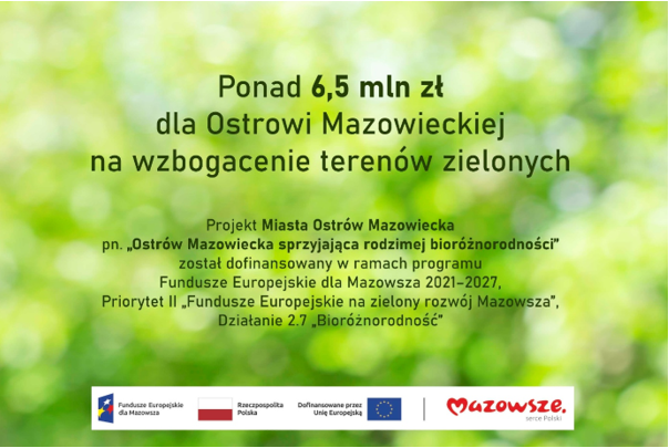 Ponad 6,5 mln zł dla Ostrowi Mazowieckiej na wzbogacenie terenów zielonych Projekt Miasta Ostrów Mazowiecka pn. „Ostrów Mazowiecka sprzyjająca rodzimej bioróżnorodności" został dofinansowany w ramach programu Fundusze Europejskie dla Mazowsza 2021-2027, Priorytet II „Fundusze Europejskie na zielony rozwój Mazowsza", Działanie 2.7 Bioróżnorodność" Fundusze Europejskie Rzeczpospolita Polska Dofinansowane przez Mazowsze.