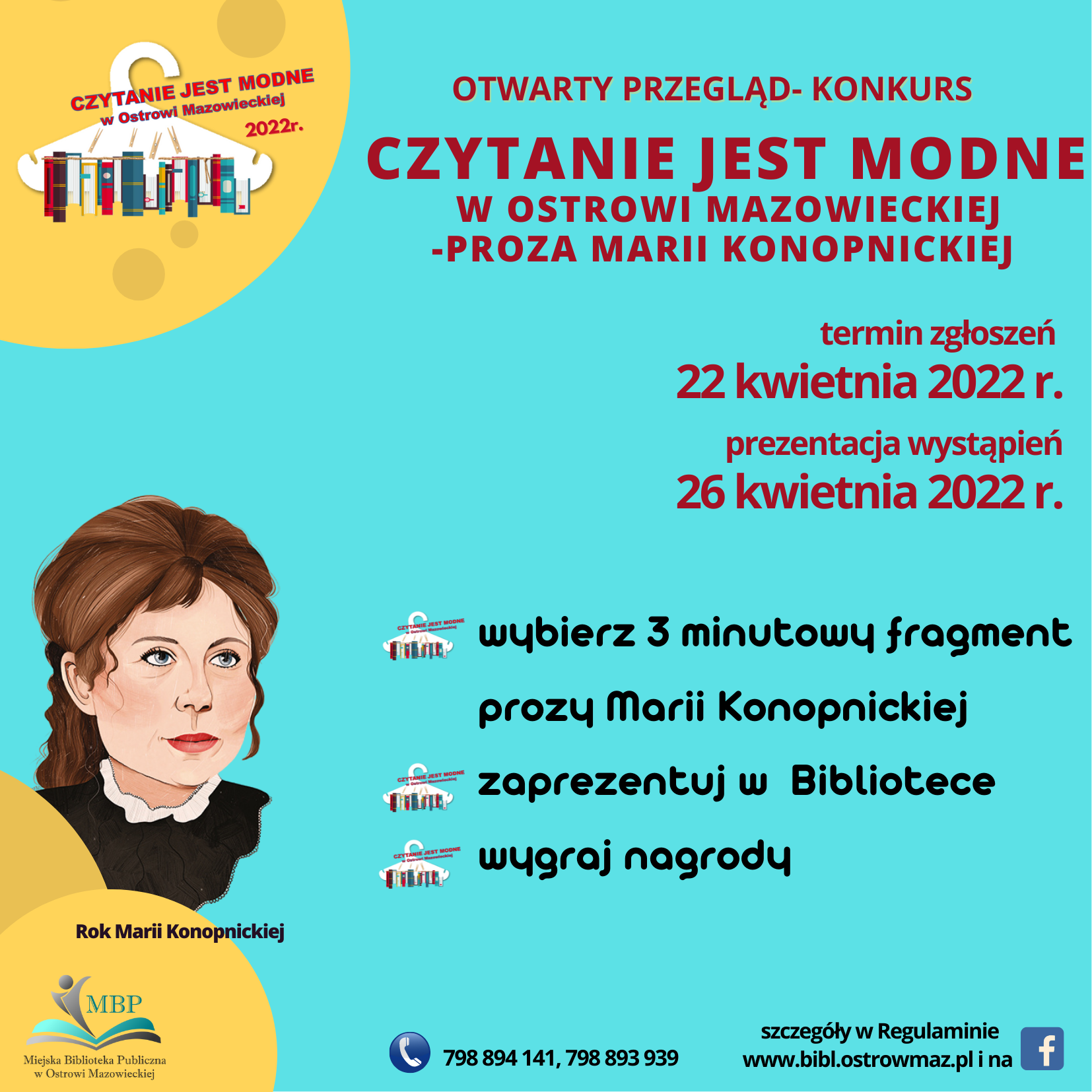 Plakat informacyjny otwarty przegląd czytanie jest modne w Ostrowi Mazowieckiej 