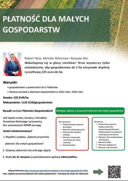 Zmiany w płatnościach dla małych gospodarstw Do 31 sierpnia można składać wnioski o przyznanie płatności dla małych gospodarstw, która zastąpi wszystkie wnioskowane płatności bezpośrednie.