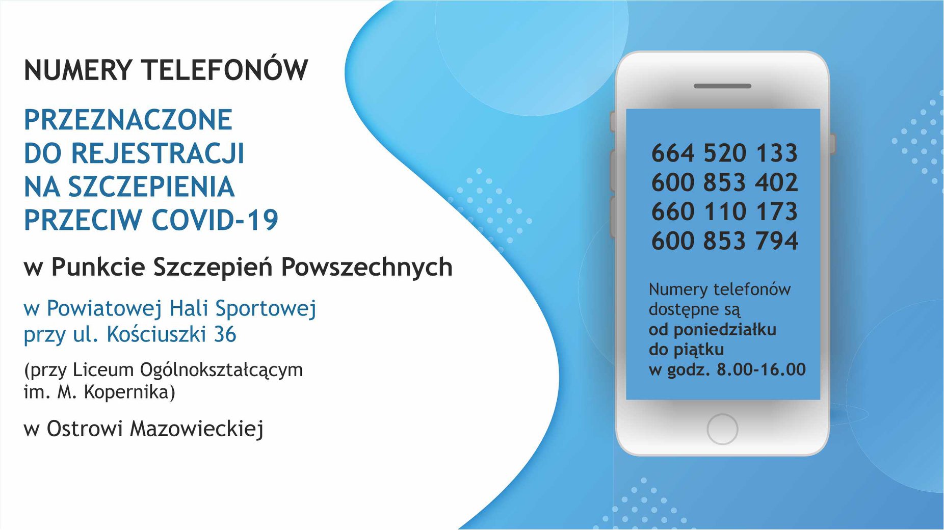 grafika z numerami telefonów do rejestracji na szczepienie