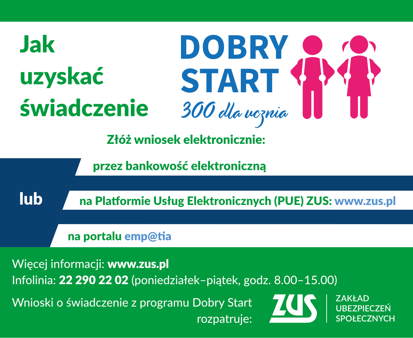 plakat informacyjny zus jak uzyskać świadczenia dobry start dla ucznia 300 + złóż wniosek elektronicznie przez bankowość elektroniczną,na platformie UE ZUS, www.zus.pl lub na portalu emp@tia, więcej informacji www.zus.pl
