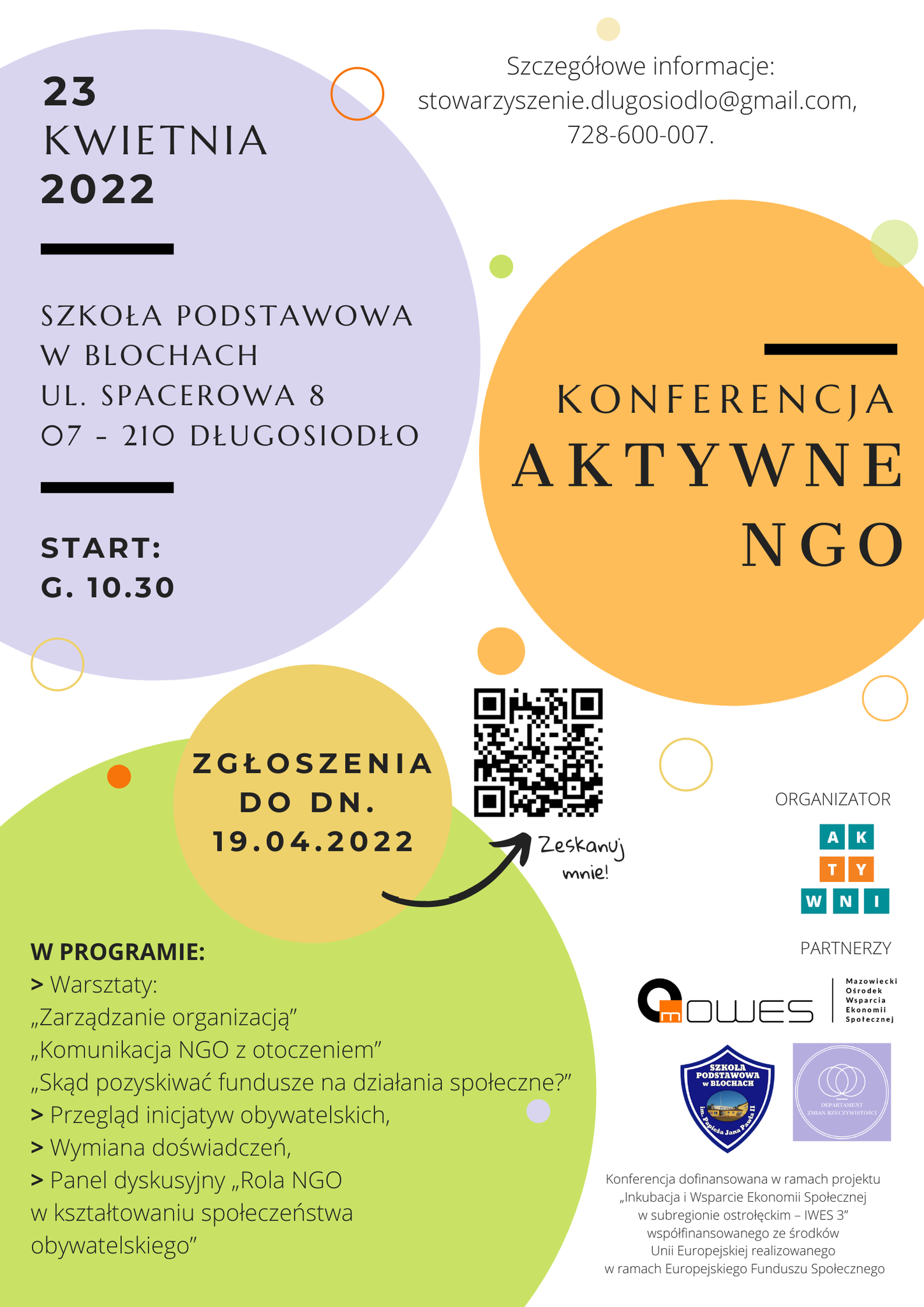 Plakat informacyjny o konferencji aktywne ngo w dniu 23 kwietnia w Długosiodle