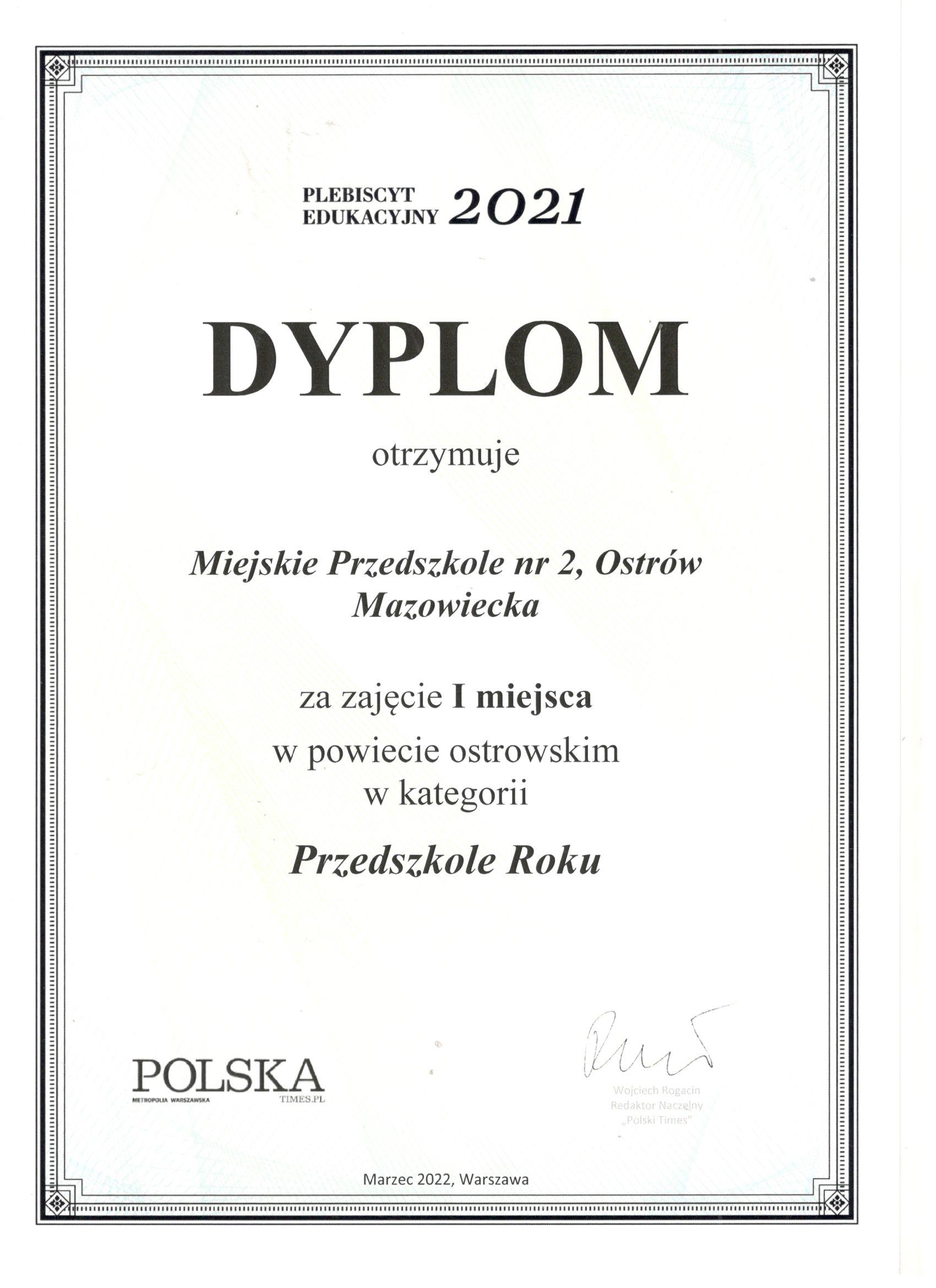 Dyplom dla miejskiego przedszkola nr 2 w Ostrowi Mazowieckiej za zajęcie 1 miejsca jako Przedszkole Roku 2021