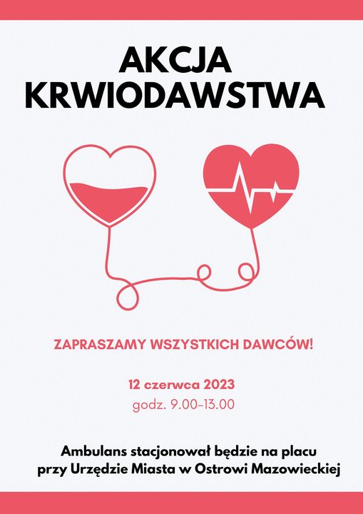 plakat Akcja Krwiodawstwa, zapraszamy w czwartek 12 czerwca