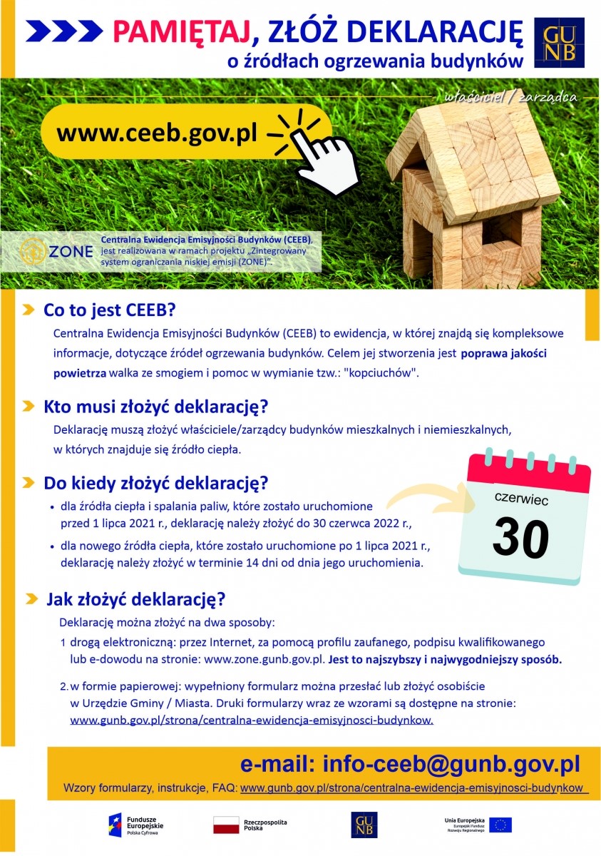 plakat informacyjny do złożenia deklaracji dotyczącej źródeł ciepła i spalania paliw do Centralnej Ewidencji Emisyjności Budynków (CEEB) .