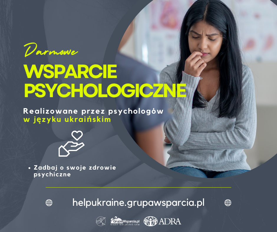 Na plakacie smutna kobieta, plakat dotyczy informacji Darmowe wsparcie psychologiczne realizowane przez psychologów w języku ukraińskim, zadbaj o swoje zdrowie psychiczne, grupawsparcia.pl, www.adra.pl,heplukraine.grupawsparcia.pl