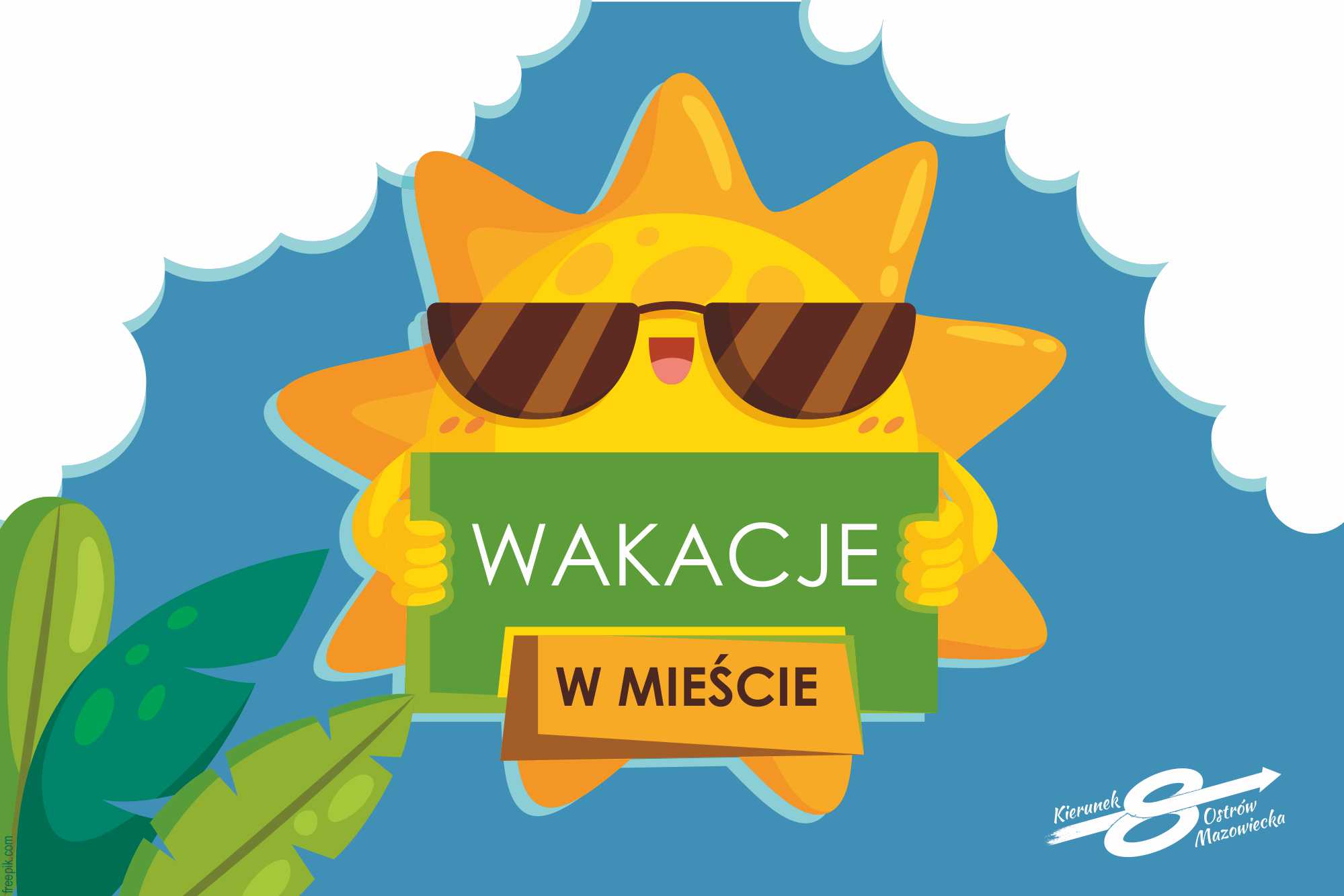 grafika słońce z napisem wakacje w mieście