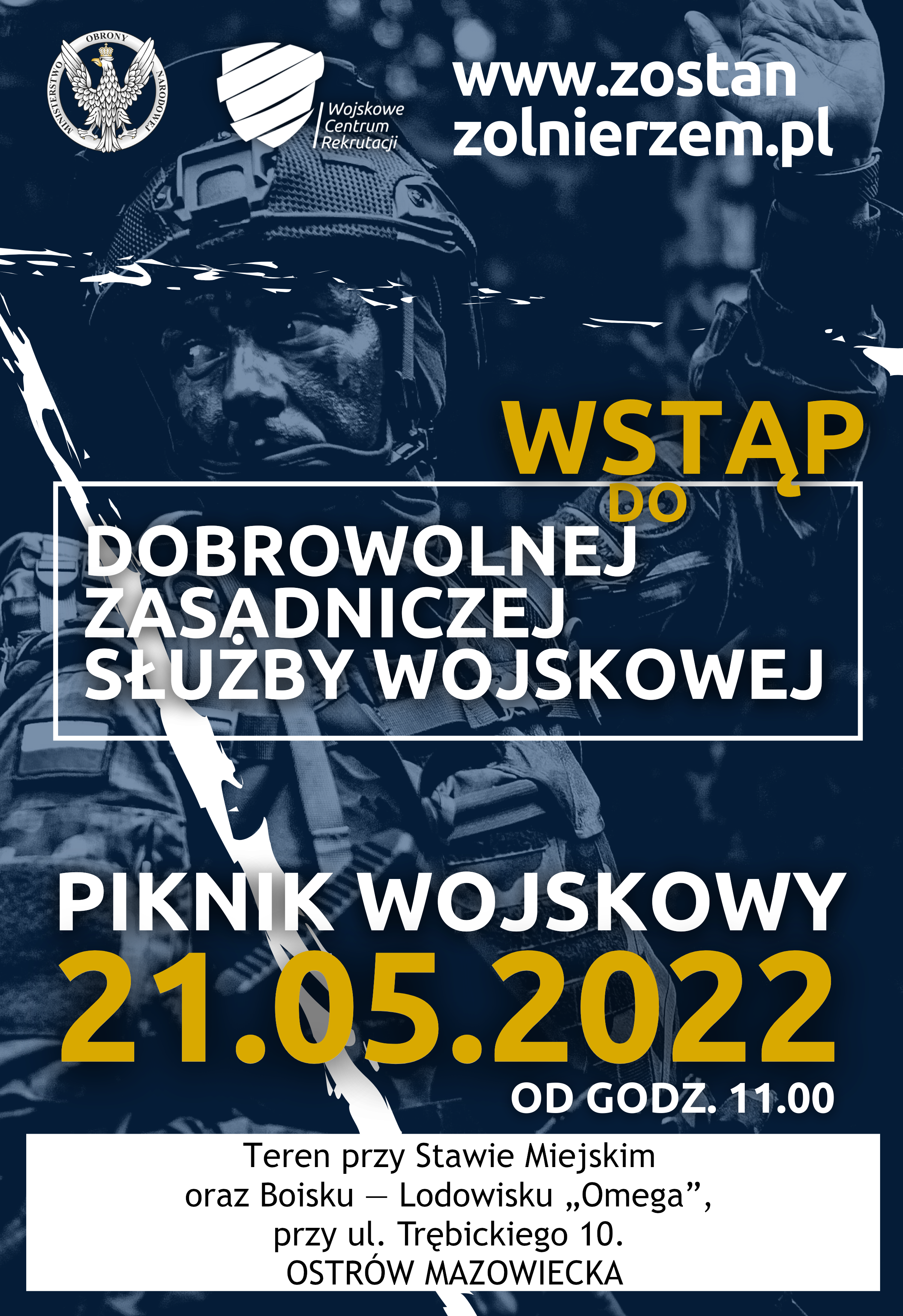 Plakat informacyjny WSTĄP DO DOBROWOLNEJ ZASADNICZEJ SŁUŻBY WOJSKOWEJ w dniu 21 maja przy. ul. Trebickiego 10 OMEGA Ostrów Mazowiecka 