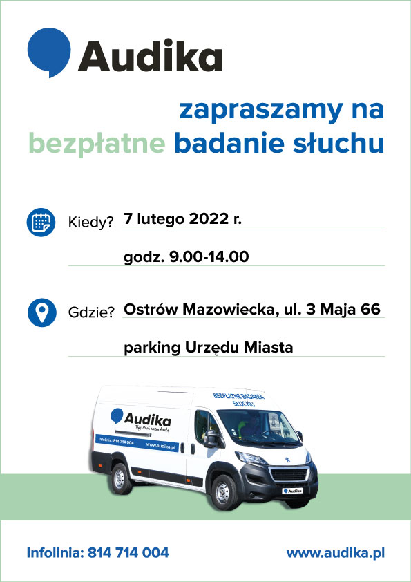 Plakat informujący o bezpłatnym badaniu słuchu dla osób powyżej 40 roku życia