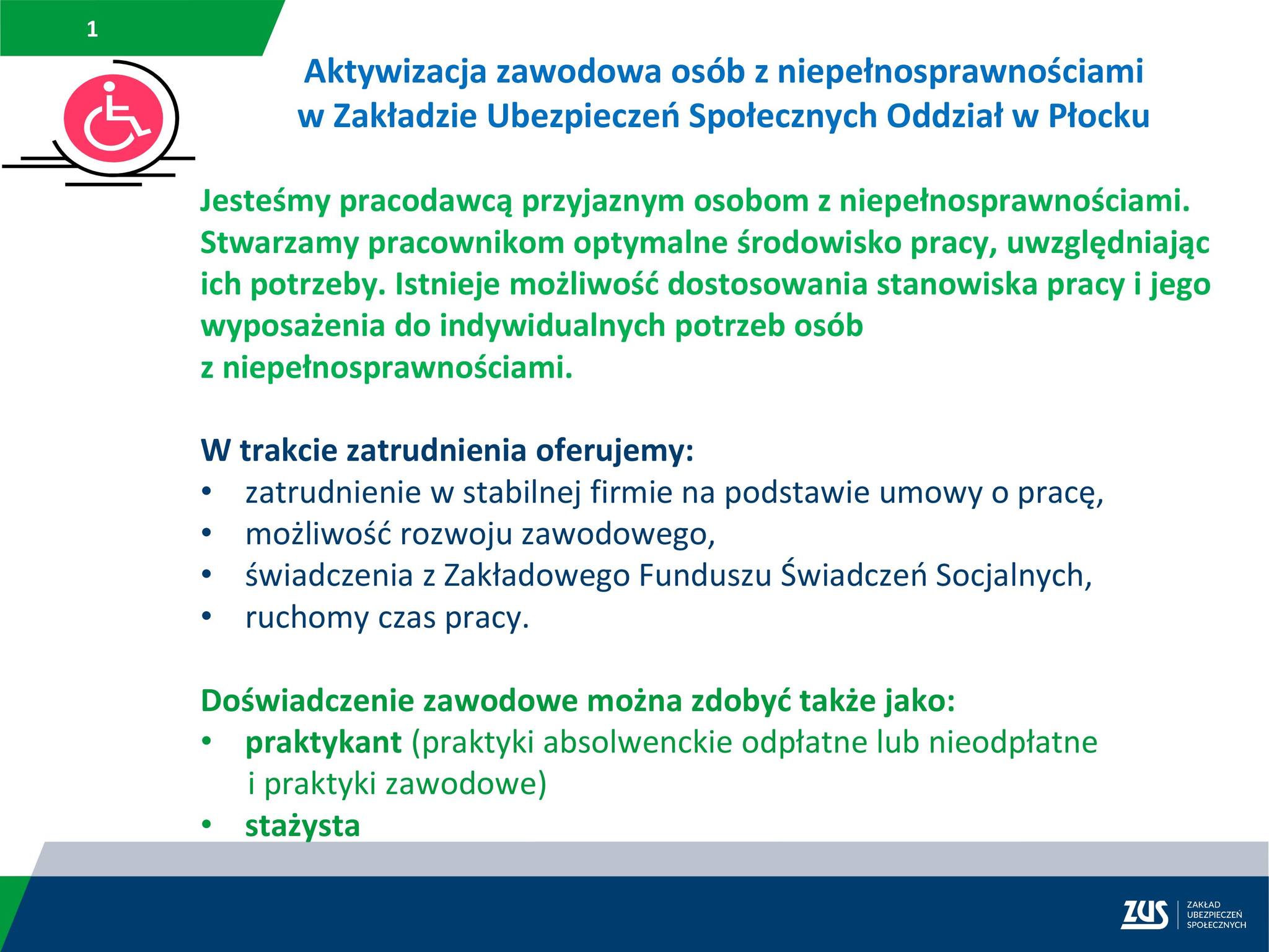 Plakat: Aktywizacja zawodowa osób z niepełnosprawnościami w ZUS Oddział ZUS w Płocku