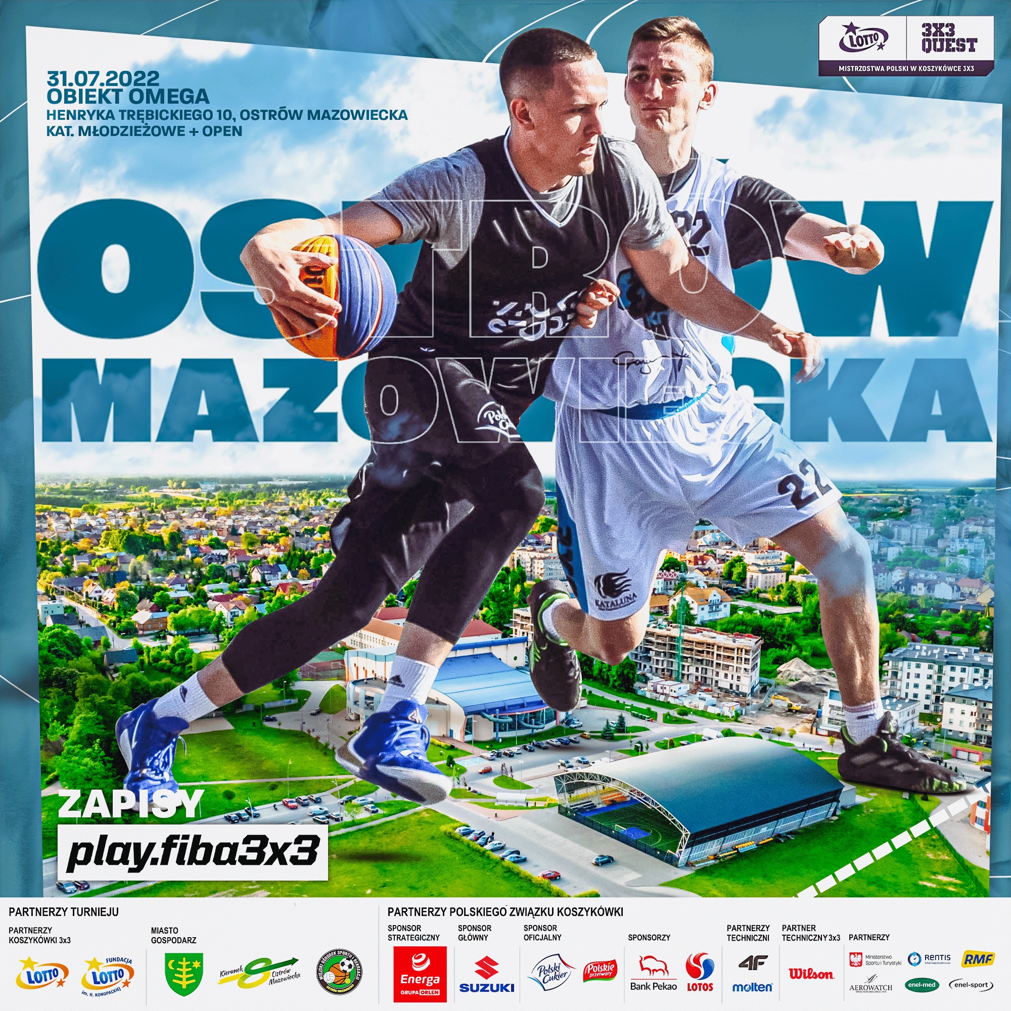 dwóch koszykarzy na tle miasta zapowiadają turniej lotto 3x3 quest 31 lipiec 2022 obiekt omega ostrów mazowiecka 