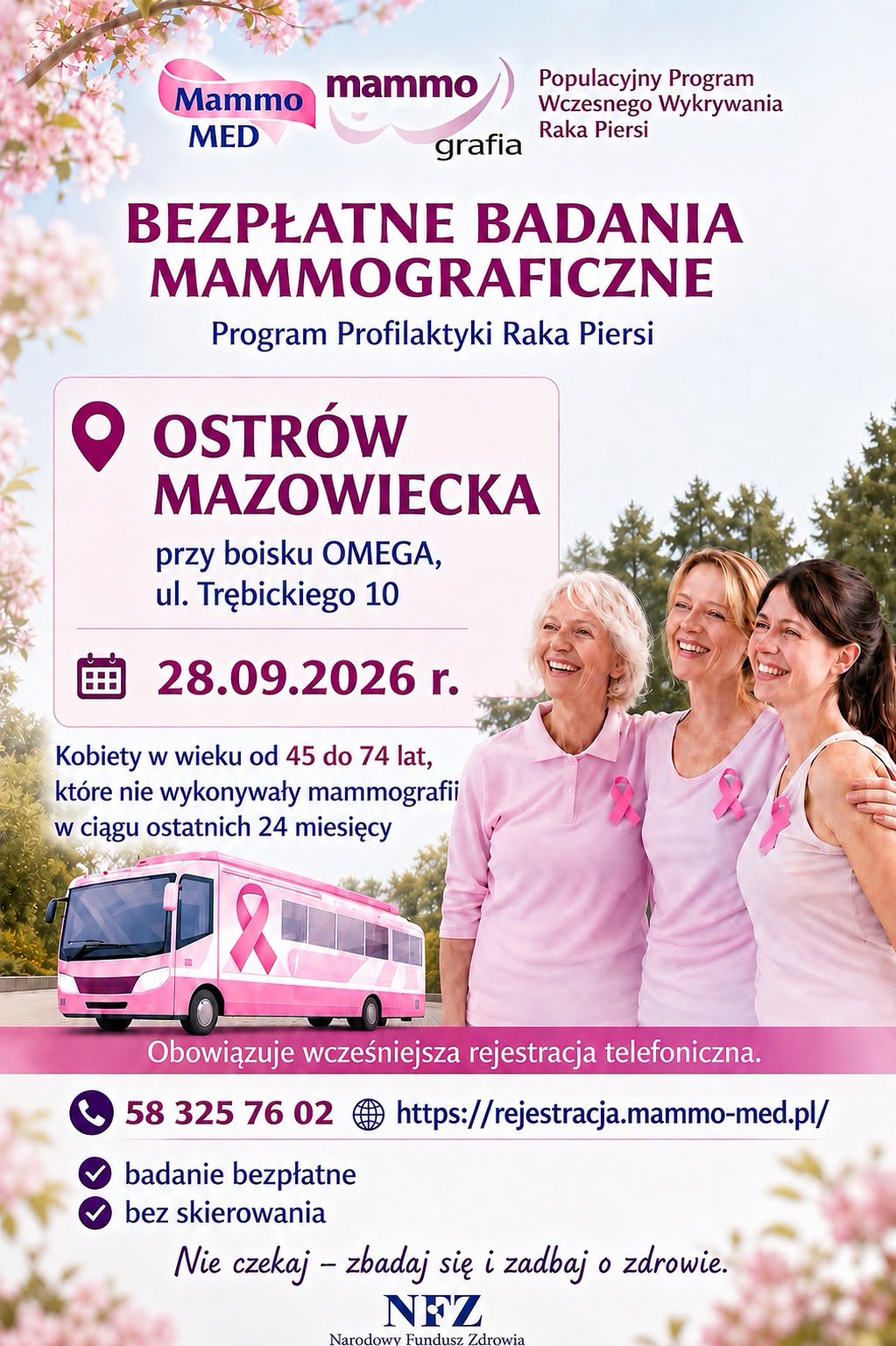 trzy kobiety na plakacie różowym zapraszający na mammografię 