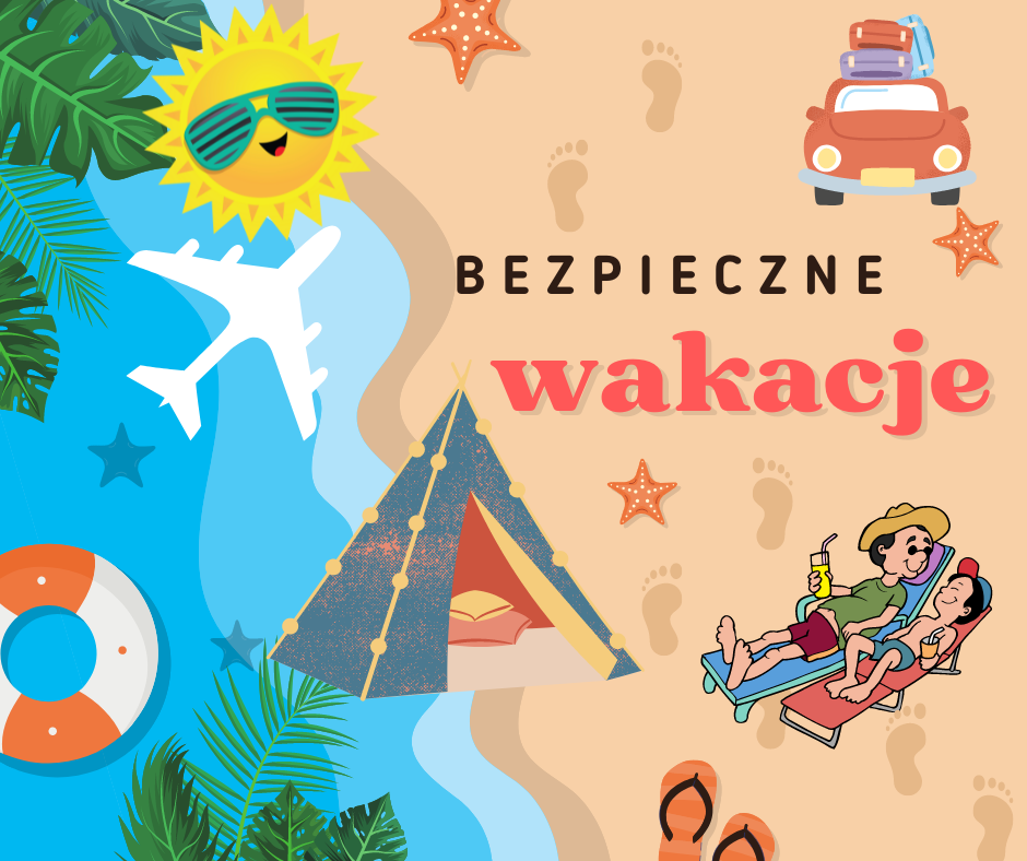 PLAKAT z grafiką animowaną z napisem bezpieczne wakacje, plaża, morze, namiot słońce, ślady stóp,koło ratunkowe