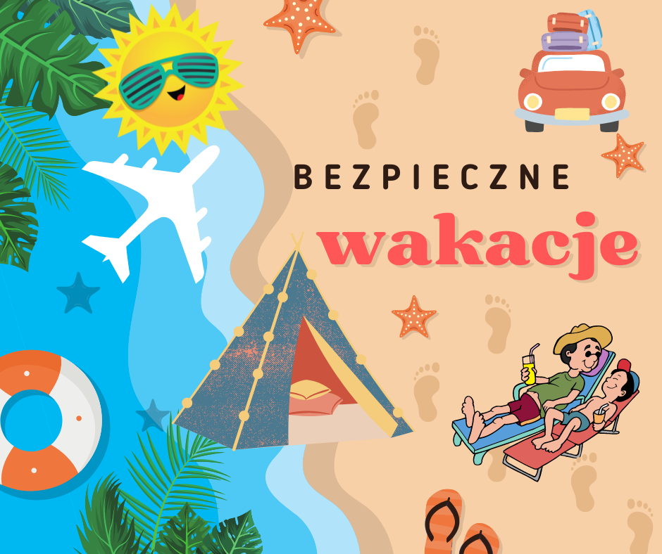 PLAKAT z grafiką animowaną z napisem bezpieczne wakacje, plaża, morze, namiot słońce, ślady stóp,koło ratunkowe 