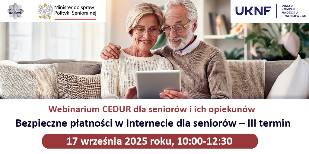 kobieta i mężczyzna uśmiechnięci seniorzy i informacja o szkoleniu
