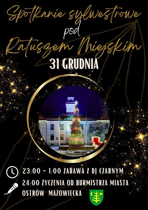 Spotkanie sylwestrowe pod Ratuszem Miejskim 31 GRUDNIA 23:00-1:00 ZABAWA Z DJ CZARNYM 24:00 ŻYCZENIA OD BURMISTRZA MIASTA OSTRÓW MAZOWIECKA C