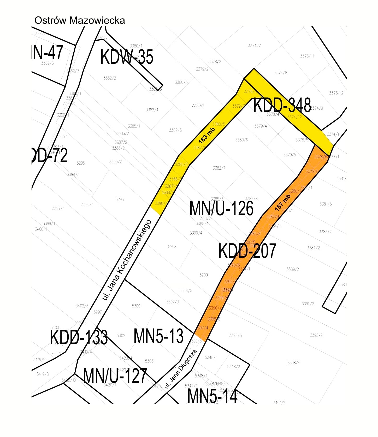 mapa z zaznaczonymi drogami dot. dróg dojazdowych ul. Jana Kochanowskiego o 183 mb oraz przedłużenie ul. Jana Długosza o 157 mb.