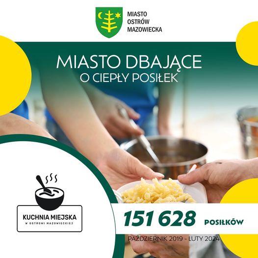 MIASTO MAZOWIECKA MIASTO DBAJĄCE O CIEPŁY POSIŁEK KUCHNIA MIEJSKA WOSTROWI MAZOWIECKIES 151 628 POSIŁKÓW PAŹDZIERNIK 2019 - LUTY 2024