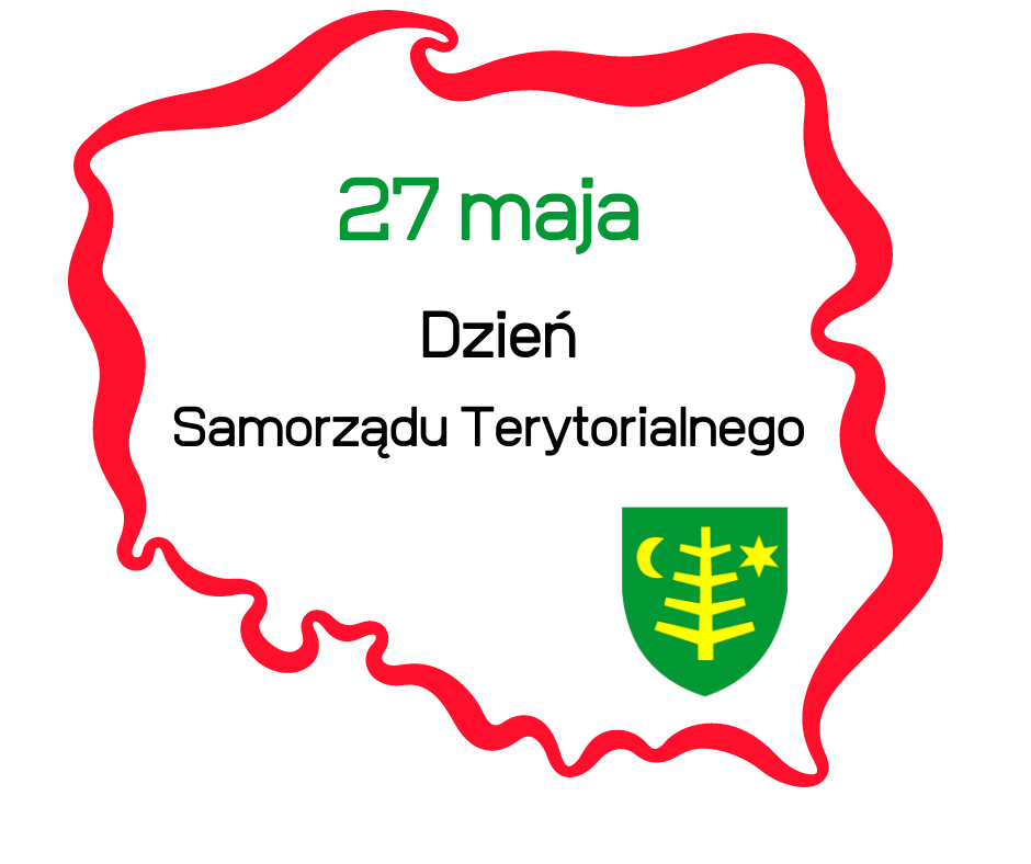 grafika z konturem Polski i napis 27 maja dzień samorządu terytorialnego i herb miasta Ostrów Mazowiecka