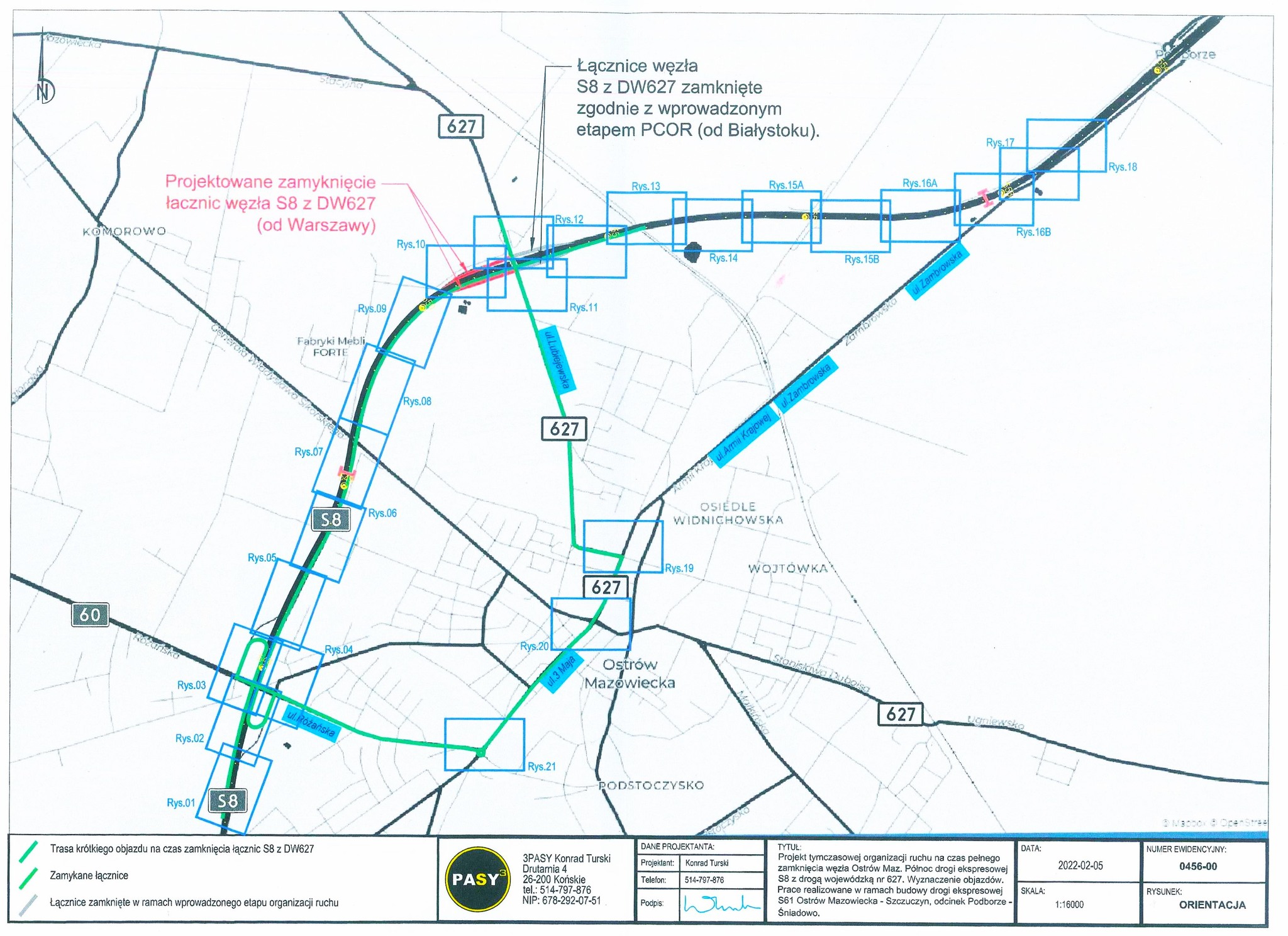 Mapa pokazująca zamknięcie trasy ostrów mazowiecka północ9 sierpnia węzeł OM Północ zostanie zamknięty ostatecznie, a jego rolę przejmie węzeł Ostrów Mazowiecka Południe. Nowy węzeł zlokalizowany będzie na skrzyżowaniu z drogą ekspresową S8 Sąsiedni węzeł Podborze na S8 zostanie zlikwidowany.  Do czasu zakończenia budowy, ruch lokalny obsługiwać będzie węzeł Ostrów Mazowiecka Południe (ul. Różańska). Dla ruchu tranzytowego zalecane są objazdy: Różan – Ostrołęka (drogami DK60 i DK61)  Zambrów - Łomża (drogami S8 i DK63).  Zmiana lokalizacji węzła umożliwi wjazd z drogi wojewódzkiej nr 627 na drogi S8 i S61. W budowie jest także ponad 3,5 km drogi wojewódzkiej nr 627 od drogi wojewódzkiej w rejonie miejscowości Stok do węzła Komorowo na drodze S61 Stworzony zostanie węzeł typu WA &quot;koniczyna&quot; z elementami łącznic bezpośrednich. Budowany fragment drogi S8 i S61 będzie miał nawierzchnię asfaltową, przystosowany do najcięższego ruchu (kategoria KR7, nacisk na oś 11,5 t). W ramach umowy powstaną dwie jezdnie S61, po dwa pasy ruchu każda, do tego pas awaryjny i 5-metrowy pas rozdziału. Droga ekspresowa S8 docelowo będzie przebiegać dołem, pod drogą ekspresową S61 Oprócz węzła OM Północ, powstanie jeszcze węzeł Komorowo na skrzyżowaniu z drogą wojewódzką nr 677 (Ostrów Mazowiecka - Łomża), przewidziano też rezerwę terenu pod dwa Miejsca Obsługi Podróżnych (MOP) - Sulęcin Wschód i Zachód.