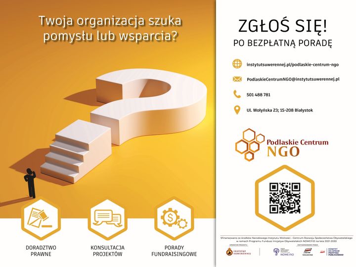 Twoja organizacja pozarządowa potrzebuje porady prawnej. Potrzebujesz konsultacji wniosku. Zastanawiasz się, jak rozliczyć projekt? Zgłoś się po bezpłatną poradę do Podlaskiego Centrum NGO. Przedstawiciele organizacji pozarządowych oraz osoby, które chcą je założyć, mogą otrzymać poradę w sprawach projektowych, prawnych i finansowych.