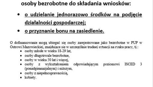 Powiatowy Urząd Pracy w Ostrowi Mazowieckiej zaprasza osoby bezrobotne do składania wniosków.